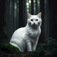 a white cat in a dark forest